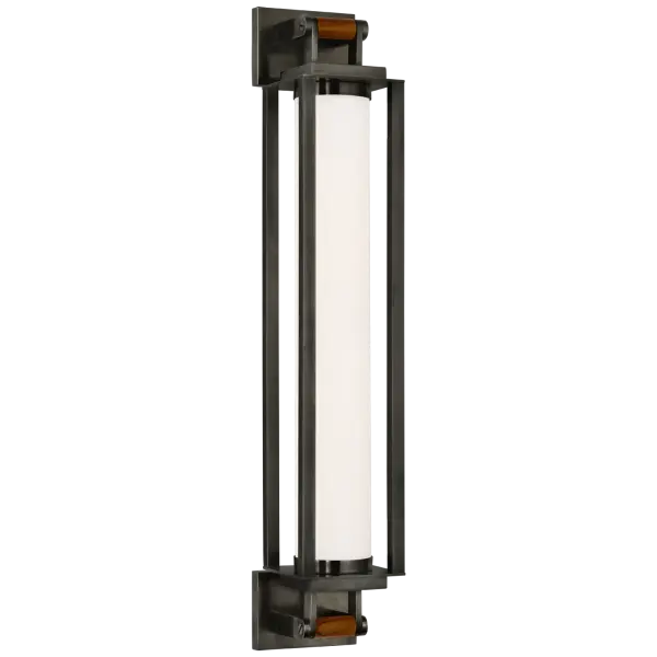 The Northport 24" Linear Sconce combines bronze metalwork with natural teak accents and white glass for a sophisticated coastal aesthetic. Its generous 24-inch width provides excellent task and ambient lighting.