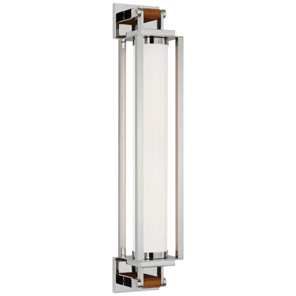 The Northport 24" Linear Sconce combines polished nickel with warm teak wood accents, creating a refined coastal aesthetic. White glass diffuses light evenly, making it ideal for bathroom vanities and hallways.