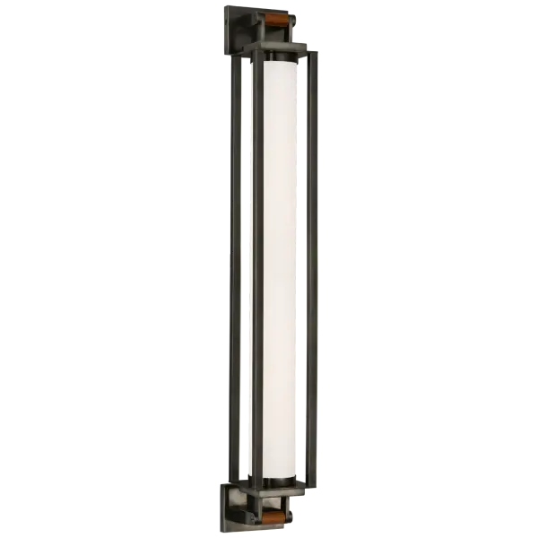 The Northport 32" Linear Sconce combines bronze metalwork with warm teak wood accents and white glass for a refined coastal aesthetic. Its substantial 32-inch width makes it ideal for vanity lighting or statement wall applications.