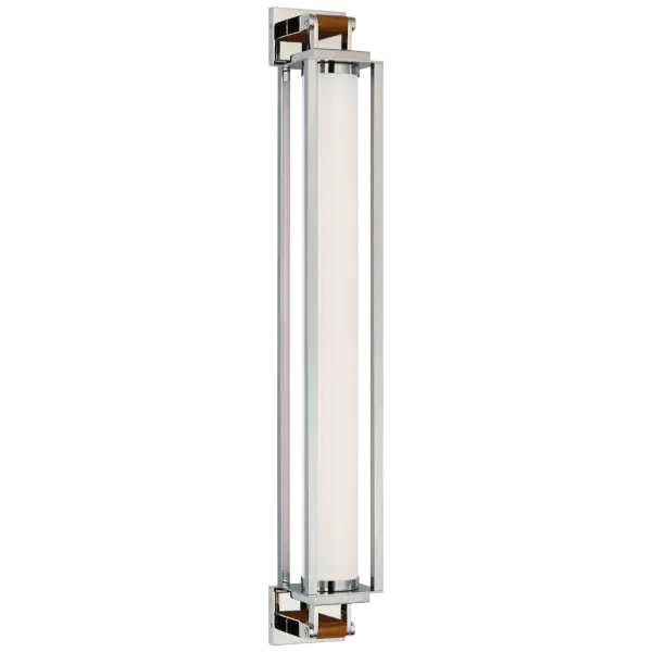 The Northport linear sconce combines polished nickel with warm teak wood accents and white glass for a refined coastal aesthetic. At 32 inches, it provides substantial illumination perfect for vanities and hallways.