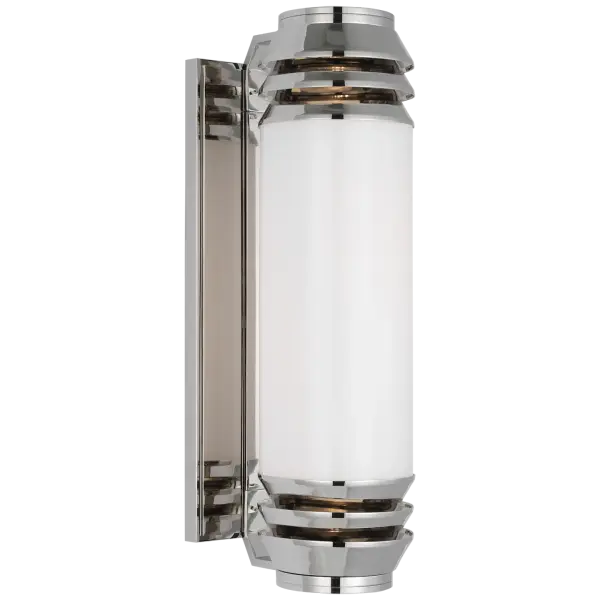 The Chadwell sconce combines transitional elegance with modern functionality. Its 19-inch linear profile and polished nickel finish create sophisticated illumination, while white glass diffuses light beautifully for bathrooms and hallways.