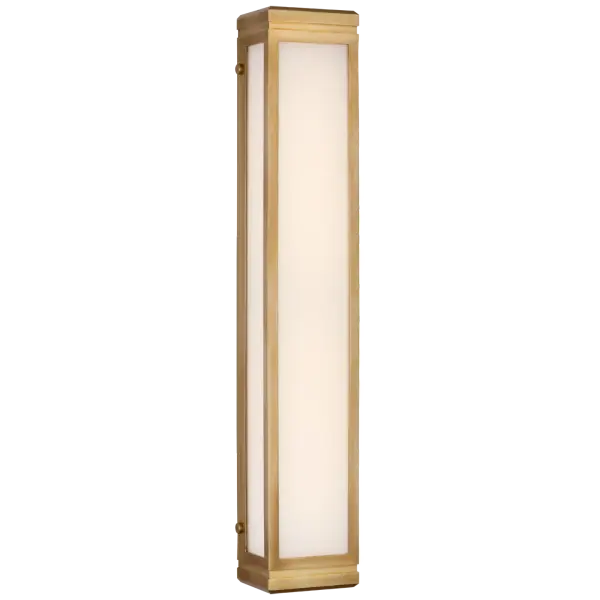 The Hayles bath light combines warm natural brass with crisp white glass for a sophisticated vanity solution. Its 26-inch span provides excellent illumination for medium to large bathrooms while adding transitional elegance.