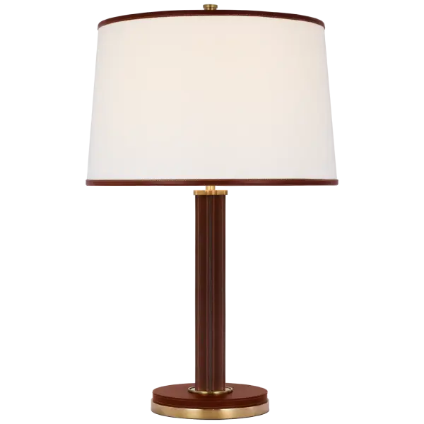 Riley Medium Table Lamp in Natural Brass and Saddle Leather with Leather Trimmed Linen Shade Open Box