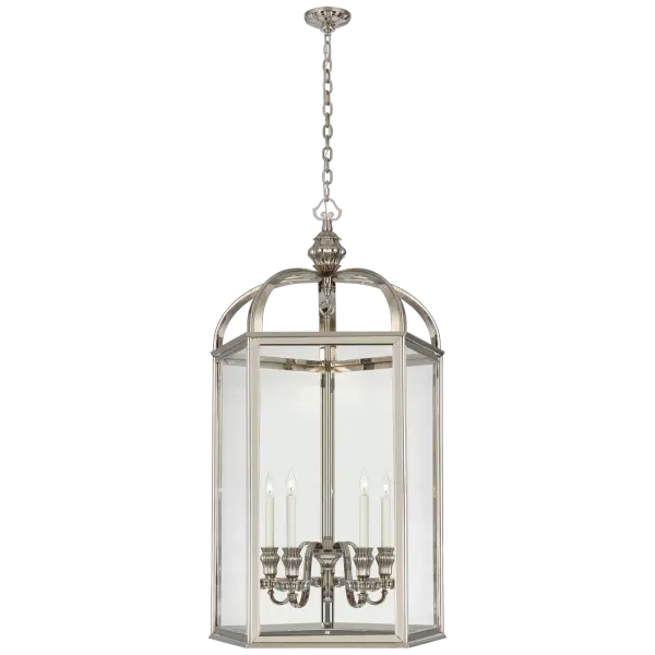 The Falaise Large Lantern combines classic lantern styling with sophisticated Butler's Silver metalwork and clear glass panels. Its substantial size makes a dramatic statement in grand entryways and dining spaces.