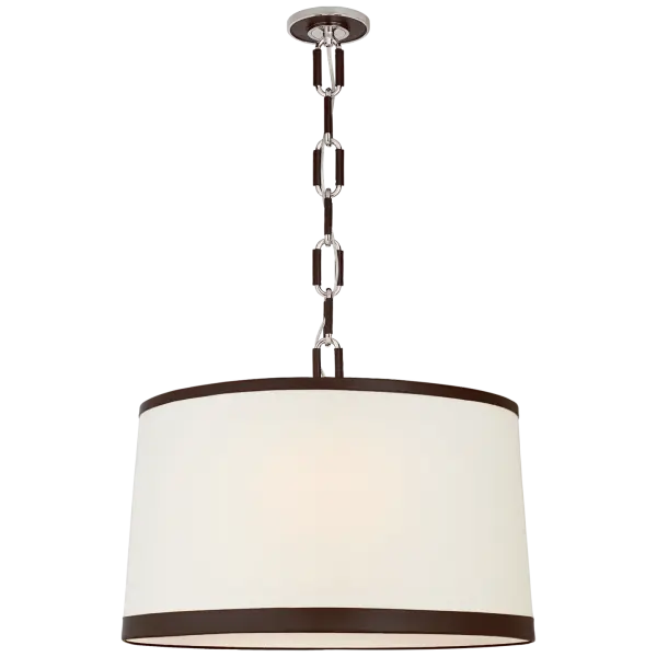 The Cody Large Hanging Shade combines refined polished nickel hardware with warm linen fabric and rich chocolate leather trim, creating a statement piece that bridges traditional elegance and modern sensibility. - alternate view