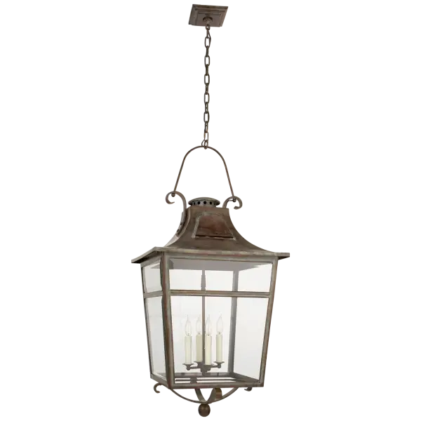 Carrington Large Lantern in Weathered Verdigris with Clear Glass Open Box