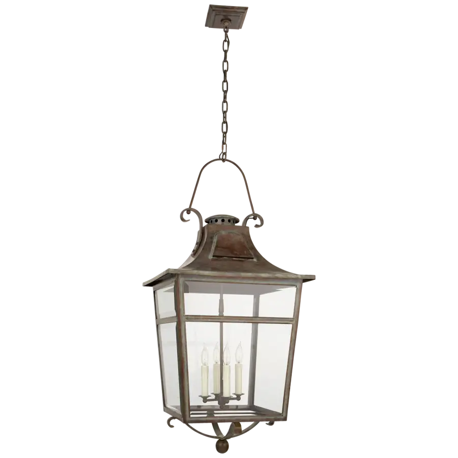 Carrington Large Lantern in Weathered Verdigris with Clear Glass Open Box