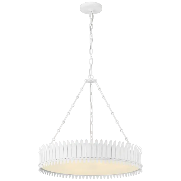 The Leslie chandelier combines clean contemporary lines with a soft plaster white finish and frosted acrylic diffuser. At 27 inches, it provides substantial presence while maintaining refined proportions for medium-sized spaces.