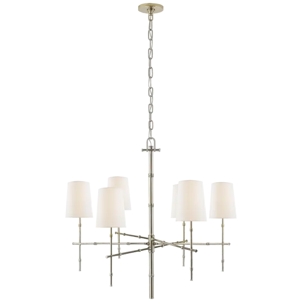 The Grenol chandelier beautifully blends modern sophistication with organic warmth through its bamboo-inspired design and polished nickel finish. Linen shades provide soft, diffused lighting perfect for dining and living spaces.