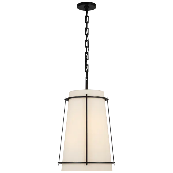 The Callaway Medium Hanging Shade combines classic bronze hardware with a sophisticated linen drum shade and frosted acrylic diffuser. This versatile pendant delivers soft, ambient lighting perfect for dining and living spaces.