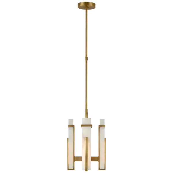 The Malik Small Chandelier combines hand-rubbed antique brass with natural alabaster for a sophisticated, warm glow. Perfect for intimate dining spaces or smaller rooms requiring refined lighting with transitional appeal.