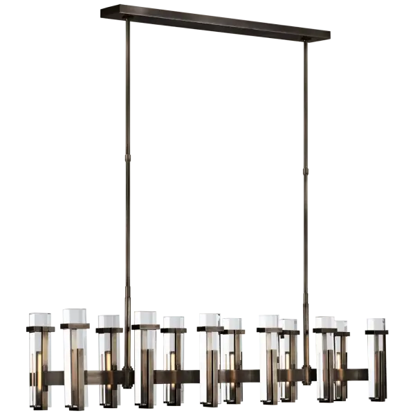 The Malik Large Linear Chandelier combines contemporary design with timeless elegance. Its bronze finish and crystal accents create a stunning focal point perfect for dining rooms and large entertaining spaces. - alternate view