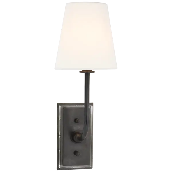 Blending traditional and modern elements, the Hulton by Thomas O'Brien represents effortless elegance. Slender, gracefully curved brass arms are accented by crystal detailing. The silhouettes are more classic when styled with the shades or take on a mod look without them.