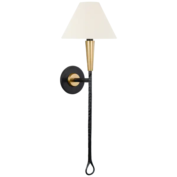 The Cavalli 27" Tail Sconce combines aged iron and hand-rubbed antique brass in a graceful tail silhouette. The linen shade softens the light while the mixed-metal finish adds depth and visual interest to any space.