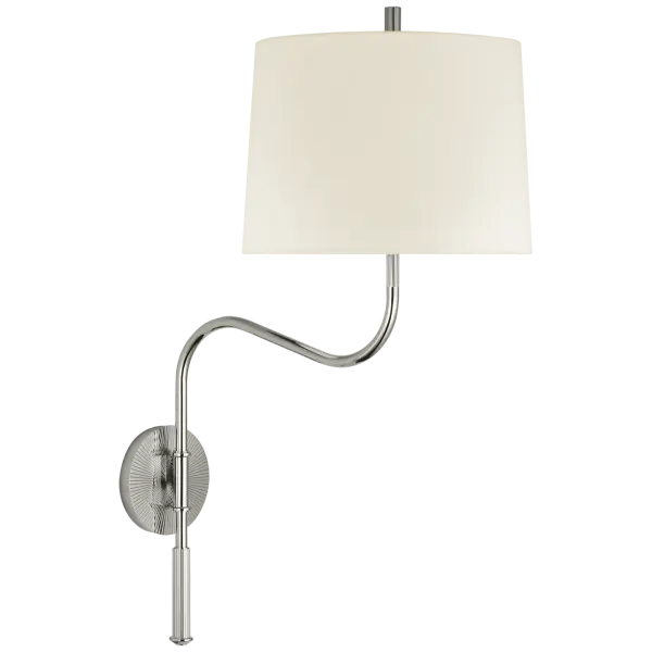The Canto Medium Wall Light combines classic elegance with modern functionality. Its swinging arm design offers adjustable lighting, while the polished nickel finish and linen shade create a sophisticated look perfect for bedrooms and reading areas.