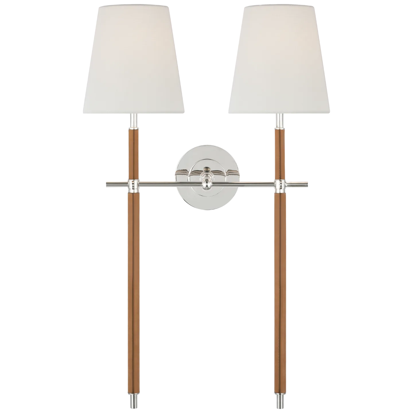 Bryant Large Wrapped Double Tail Sconce in Polished Nickel and Natural Leather