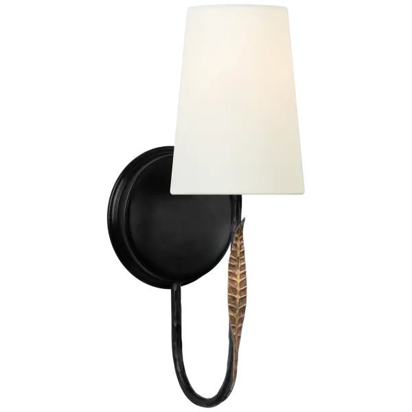 The Kairos 14" sconce combines aged iron and Roman bronze finishes for a refined transitional look. The linen shade provides soft, diffused light perfect for ambient illumination in bedrooms, living spaces, and hallways.