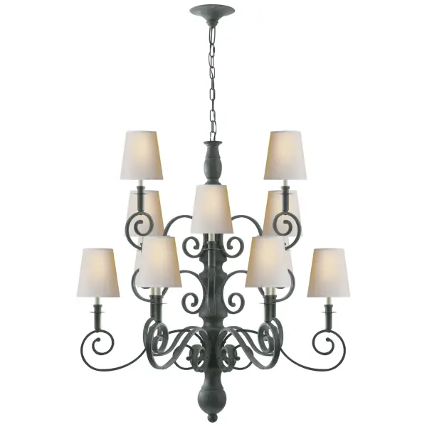 Lillie Road Medium Chandelier in Dark Green with Natural Paper Shades