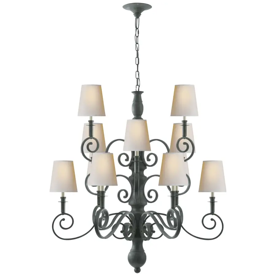 Lillie Road Medium Chandelier in Dark Green with Natural Paper Shades