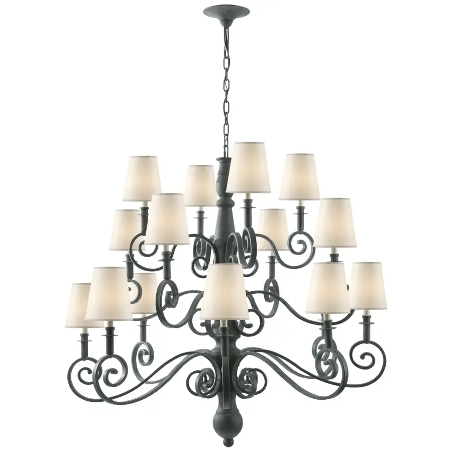 Lillie Road Large Chandelier in Dark Green with Natural Paper Shades