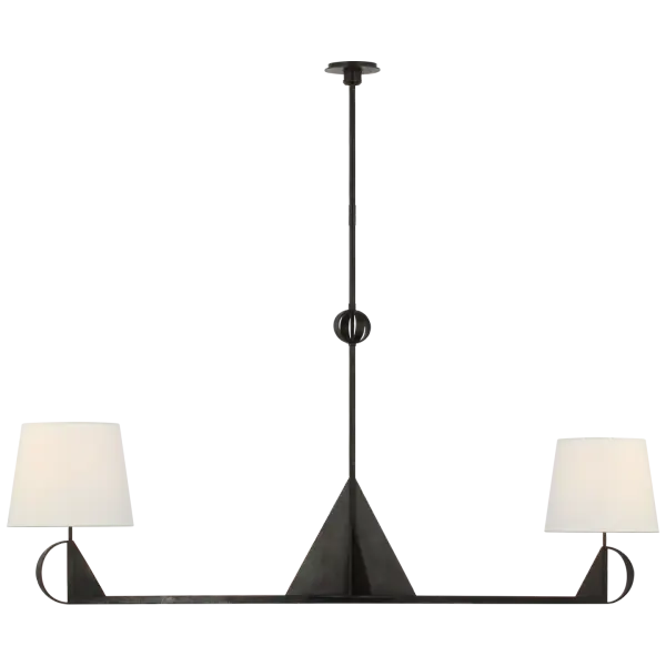 The Auxerre Extra Large Linear Chandelier brings dramatic scale and handcrafted appeal to spacious interiors. Its aged iron finish and linen shades create a sophisticated blend of industrial edge and refined elegance.