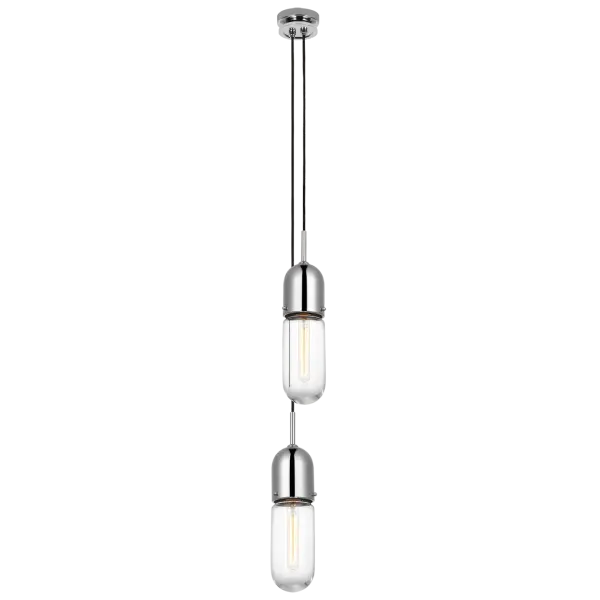 The Junio 2-Light Pendant combines transitional elegance with contemporary clean lines. Its polished nickel finish and clear glass shades create a sophisticated look perfect for kitchen islands and dining areas.