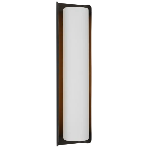 The Penumbra sconce combines sophisticated bronze metalwork with clean white glass for a refined contemporary look. At 21 inches, it provides substantial presence and ambient lighting for hallways, bathrooms, and living spaces.
