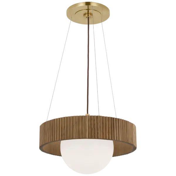 The Arena 18" chandelier combines a sleek ring silhouette with warm antique brass and natural oak accents. Its white glass globe provides soft, diffused light perfect for intimate dining spaces and smaller rooms.