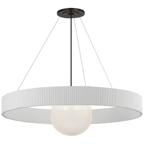 The Arena chandelier features a dramatic 42-inch ring design with globe accents in bronze and matte white. White glass shades provide soft, diffused lighting perfect for dining and entertaining spaces.