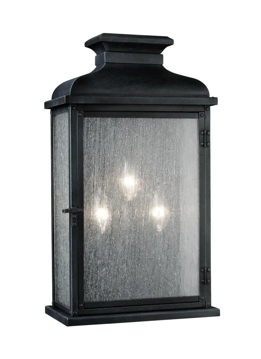 Pediment Three Light Outdoor Lantern in Dark Weathered Zinc