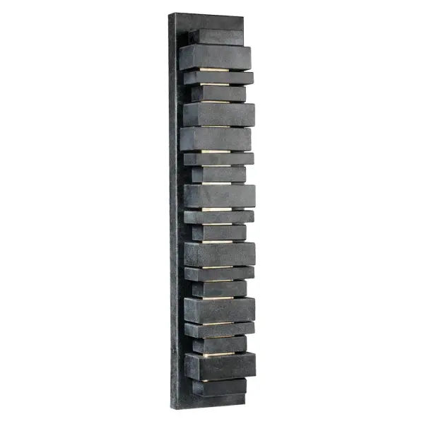 The Ledgend wall sconce makes a bold architectural statement with its stacked flagstone-inspired design. LED light shines through offset openings and up/down for dramatic effect. Cast aluminum construction ensures durability in harsh weather.