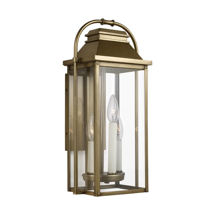Wellsworth Three Light Outdoor Lantern in Painted Distressed Brass