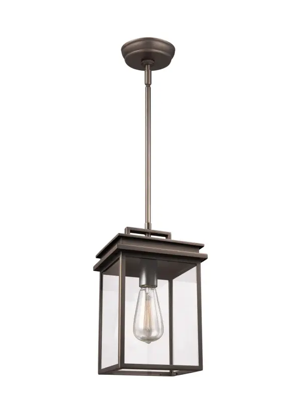 The Glenview outdoor pendant brings Prairie-style simplicity to exterior spaces with its streamlined cast aluminum frame and flat roofline detail. The gilded Antique Bronze finish adds warmth while the open bottom design ensures easy maintenance.