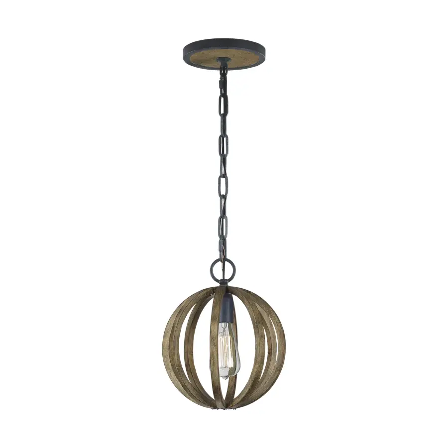 Allier One Light Mini Pendant in Weathered Oak Wood / Antique Forged Iron