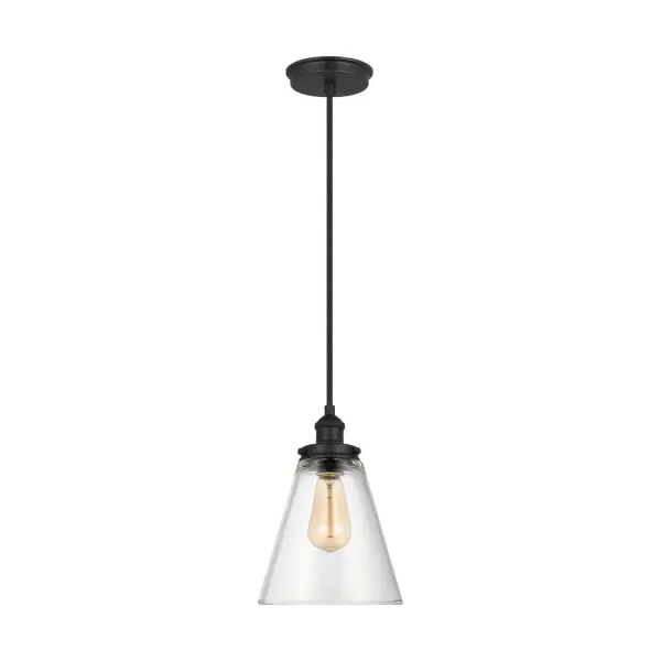 The Baskin pendant by Sean Lavin reimagines the timeless cone-and-orb silhouette with contemporary clarity. Clear glass showcases a floating bulb effect while midnight black hardware adds modern contrast. Compact at 8.5 inches wide, it's ideal for multiples over islands or solo in intimate spaces.