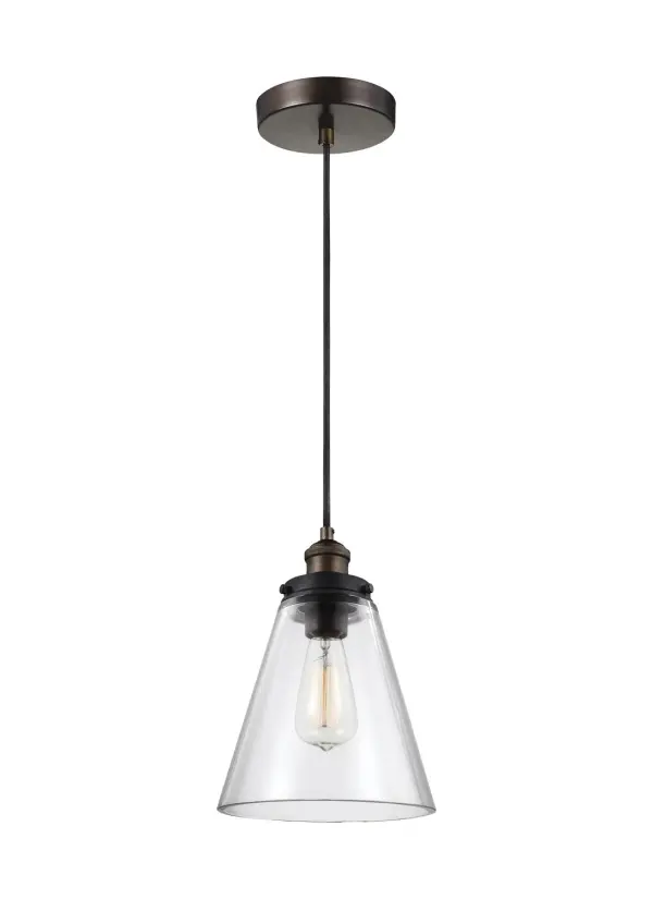 The Baskin pendant combines clean modern lines with industrial warmth through its clear glass shade and mixed metal finish. Designer Sean Lavin's minimalist approach showcases the bulb as art while the dual-tone finish adds rustic character.