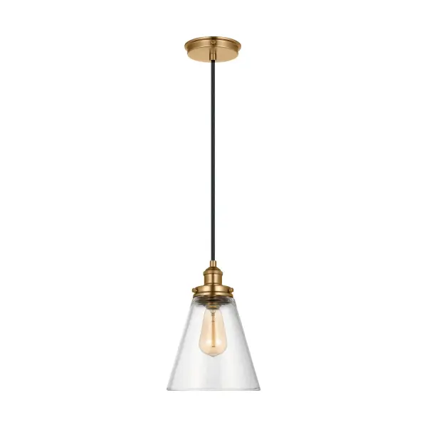 The Baskin pendant by Sean Lavin combines timeless cone-and-orb design with contemporary satin brass detailing. Clear glass showcases a floating bulb effect, while the compact 8.5-inch size works beautifully solo or clustered.