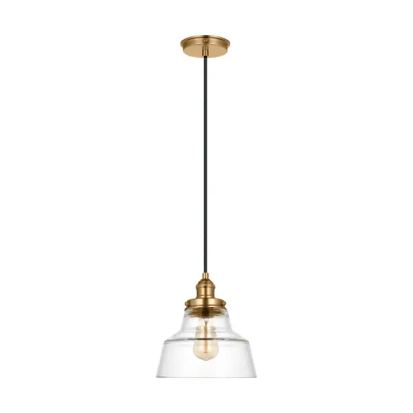 The Baskin pendant by Sean Lavin reimagines the timeless cone-and-orb silhouette with contemporary elegance. Clear glass showcases a floating bulb effect while satin brass hardware adds warmth. Compact 10-inch size works beautifully solo or clustered.