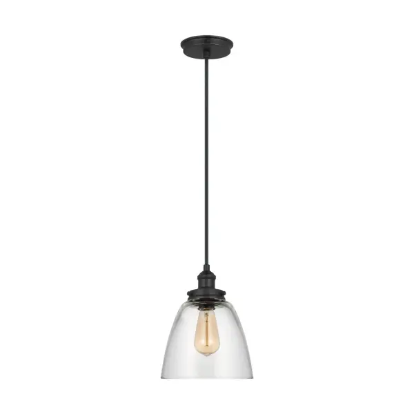 The Baskin pendant by Sean Lavin reimagines the timeless cone-and-orb silhouette with contemporary refinement. Clear glass showcases a floating bulb effect while midnight black hardware adds bold contrast. Compact 9-inch size works beautifully solo or clustered.