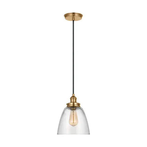 The Baskin pendant by Sean Lavin offers timeless cone-and-orb styling with a contemporary twist. The clear glass shade showcases a floating medium-base bulb, while the satin brass finish adds warmth to modern interiors.