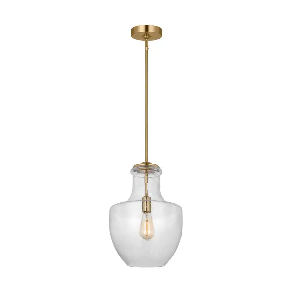 The Baylor pendant combines rustic industrial style with vintage elegance through its jug-inspired silhouette and seeded glass shade. Compact at 12" wide, it's ideal for kitchen islands, dining nooks, or entryways where understated character is desired.