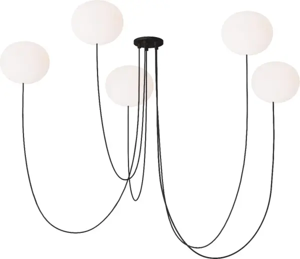 The Helium chandelier combines contemporary elegance with practical illumination. Five opal etched glass shades diffuse warm 2700K LED light beautifully, while the matte black finish adds modern sophistication to any space.