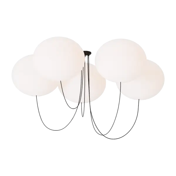 The Helium X-Large Chandelier delivers dramatic scale and refined modern design with five opal etched glass globes suspended in a matte black framework. High-quality 2700K LED with 90 CRI ensures warm, color-accurate illumination. - alternate view