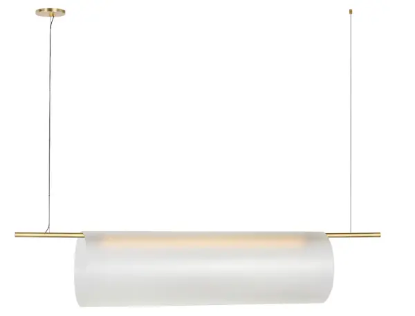 Peter Bristol's Trace chandelier distills lighting to its essence with cylindrical etched glass shades suspended from brass rods. The 60-inch linear design delivers balanced illumination and timeless sophistication for modern spaces.