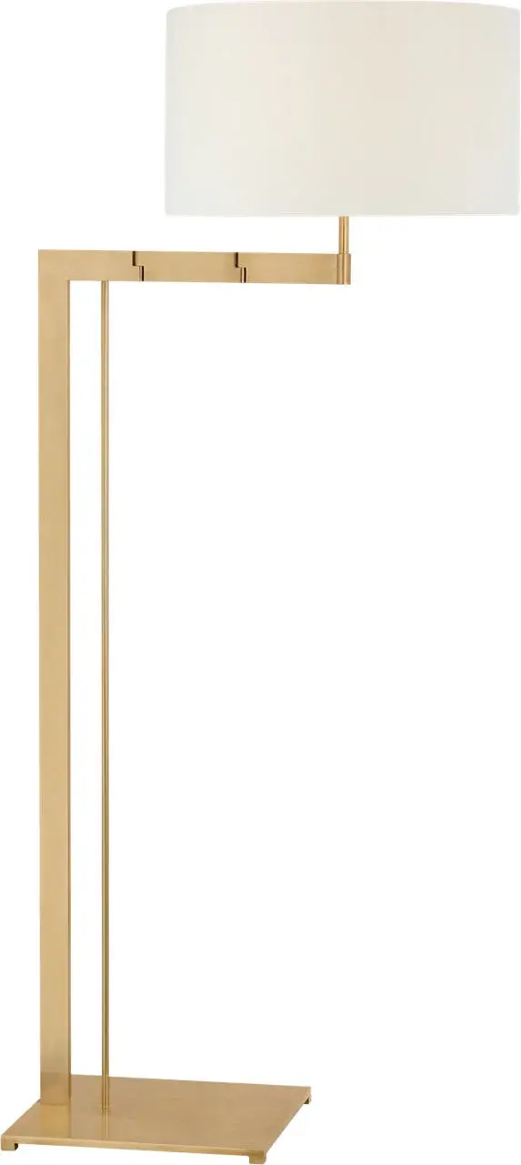 The Amell floor lamp combines functional articulation with elegant design. At 55" tall with an antique-burnished brass finish and natural linen shade, it delivers both ambient and task lighting with adjustable positioning.
