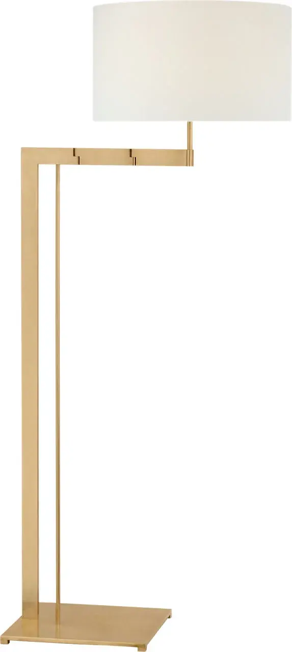 The Amell floor lamp combines functional articulation with elegant design. At 55" tall with an antique-burnished brass finish and natural linen shade, it delivers both ambient and task lighting with adjustable positioning. - alternate view