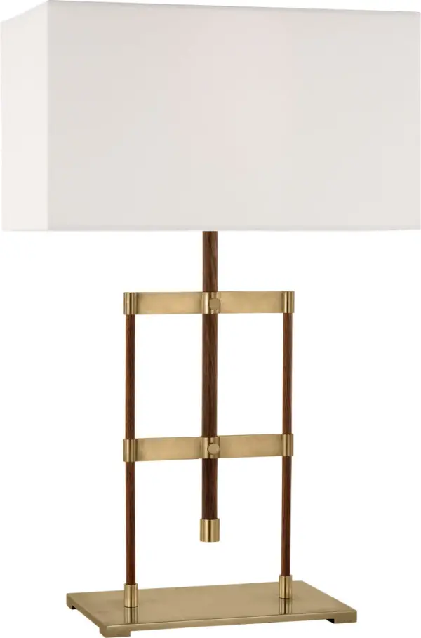 The Alda combines functional adjustability with refined materials, featuring antique-burnished brass paired with rich walnut wood. The linen shade provides soft, diffused light perfect for reading or task work. - alternate view
