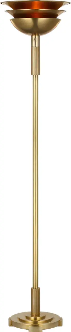 The Langton torchiere combines classic uplight design with contemporary Natural Brass finish. At 70 inches tall, it provides dramatic ambient lighting while serving as a sculptural statement piece in larger spaces.