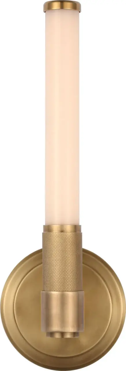 The Barrett single bath light combines warm natural brass with clean white glass for a sophisticated vanity solution. Its 13-inch width makes it ideal for powder rooms or as part of a multi-light bathroom setup.
