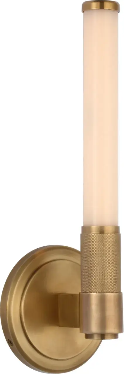 The Barrett single bath light combines warm natural brass with clean white glass for a sophisticated vanity solution. Its 13-inch width makes it ideal for powder rooms or as part of a multi-light bathroom setup. - alternate view